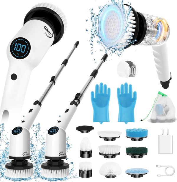Electric Spin Scrubber, 9 in 1 Cordless Cleaning Brush with Type C USB Port, Charger, 3 Adjustable Speed, LED Display, Electric Scrubber for Cleaning Bathroom Tub Tile Floor (Fixed Head)